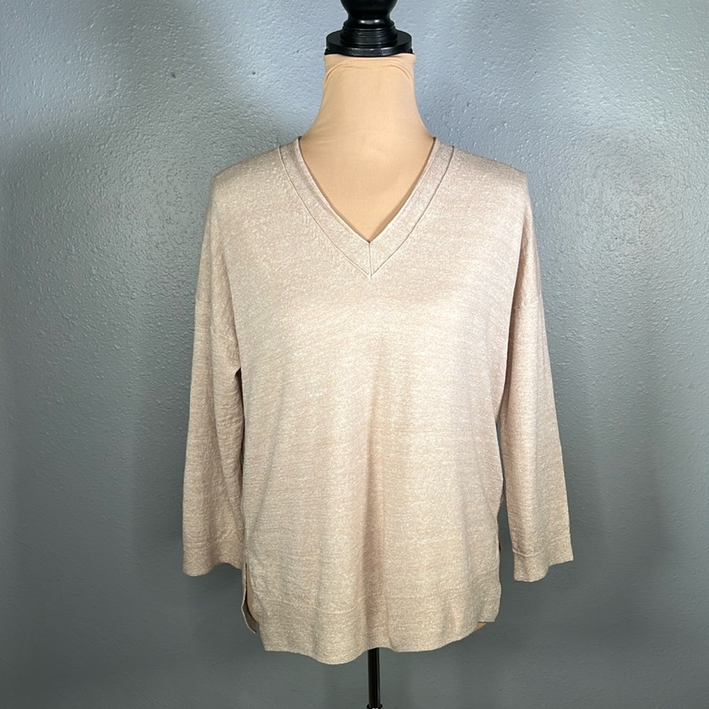 J.crew merino wool linen blend tan v-neck sweater S | costal euro summer preppy